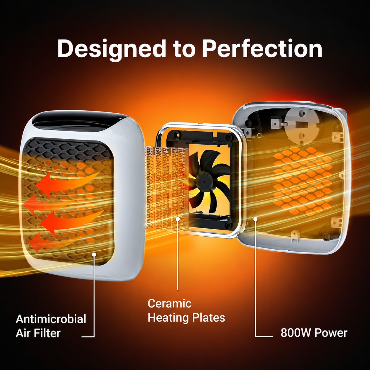 Cut-away view of the WellHeater showing the antimicrobial air filter, ceramic heating plates and 800W fan
