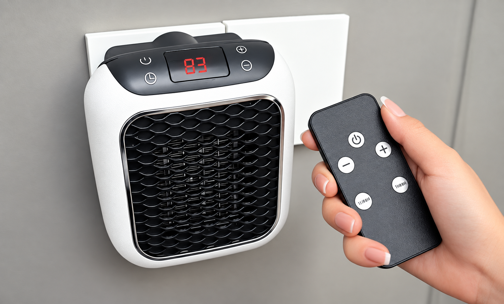 WellHeater being set with its wireless remote control — garage heater